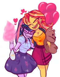Size: 1681x2152 | Tagged: safe, artist:femujoshi, derpibooru import, sci-twi, sunset shimmer, twilight sparkle, fish, equestria girls, equestria girls series, rollercoaster of friendship, balloon, blushing, breasts, busty sunset shimmer, cotton candy, cuddling, cute, eyes closed, female, geode of empathy, geode of telekinesis, happy, heart, lesbian, magical geodes, scitwishimmer, shimmerbetes, shipping, simple background, sunsetsparkle, teddy bear, twiabetes