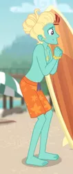 Size: 187x441 | Tagged: safe, derpibooru import, screencap, gladys, zephyr breeze, blue crushed, equestria girls, equestria girls series, bare chest, barefoot, clothes, cropped, feet, legs, male, partial nudity, shorts, smiling, sunglasses, surfboard, swimming trunks, topless, zephyr's necklace