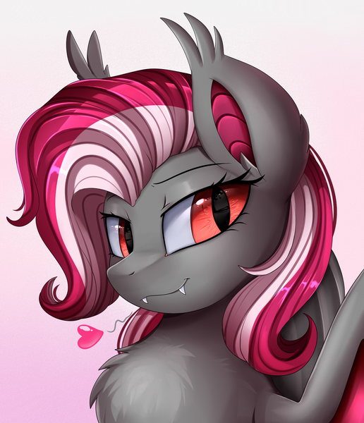 Size: 1722x2003 | Tagged: safe, artist:pridark, derpibooru import, oc, unofficial characters only, bat pony, pony, bat pony oc, bat wings, bust, commission, fangs, female, heart, mare, portrait, slit eyes, smiling, solo, wings