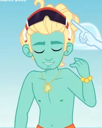 Size: 412x514 | Tagged: safe, derpibooru import, screencap, rainbow dash, zephyr breeze, blue crushed, equestria girls, equestria girls series, arms, bare arms, bare chest, clothes, cropped, eyes closed, jewelry, male, manbun, necklace, offscreen character, partial nudity, sunglasses, topless, zephyr's necklace