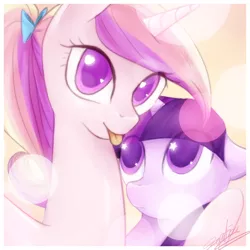 Size: 2000x2000 | Tagged: safe, artist:crystalsonatica, derpibooru import, princess cadance, twilight sparkle, alicorn, pony, unicorn, :p, bow, confused, cute, cutedance, female, filly, floppy ears, frown, hair bow, heart eyes, hug, looking at you, looking up, mare, ponytail, selfie, signature, silly, smiling, starry eyes, teen princess cadance, tongue out, twiabetes, unicorn twilight, wingding eyes