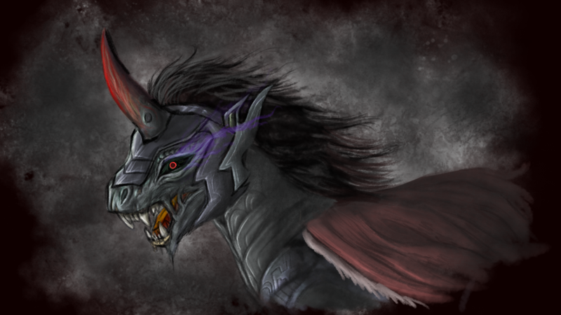 Size: 1280x720 | Tagged: safe, artist:turbosolid, derpibooru import, king sombra, pony, unicorn, abstract background, alternate design, black sclera, fangs, red eyes, sharp teeth, solo, teeth