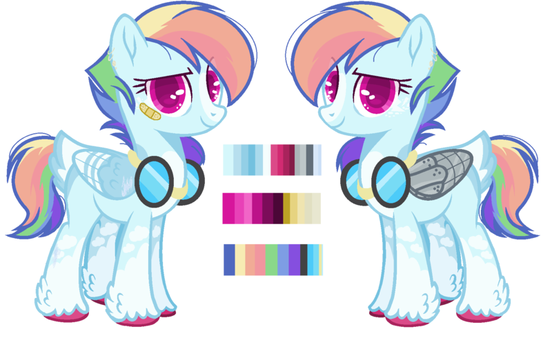 Size: 1776x1088 | Tagged: safe, artist:kookiechanxwx, derpibooru import, rainbow dash, pony, alternate design, amputee, artificial wings, augmented, goggles, mechanical wing, prosthetic limb, prosthetic wing, prosthetics, reference sheet, simple background, solo, transparent background, wings