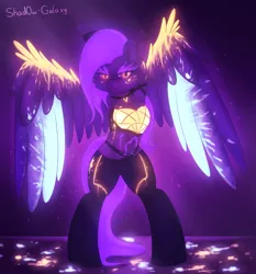 Size: 2000x2150 | Tagged: safe, artist:shad0w-galaxy, derpibooru import, fluttershy, pony, armpits, blacklight, female, fluffy, glowing mane, k/da, kai'sa, league of legends, neon, paint, purple background, simple background, smiling, solo, standing, video game crossover, wings