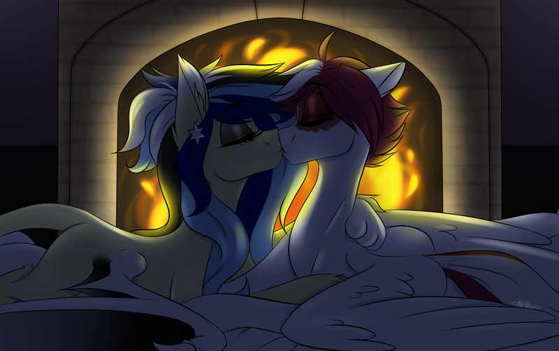 Size: 2797x1756 | Tagged: safe, artist:ggchristian, derpibooru import, oc, oc:eclipse, oc:jewel, unofficial characters only, pegasus, pony, female, fireplace, kissing, male, mare, prone, stallion