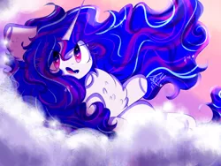 Size: 1024x768 | Tagged: safe, artist:anasflow, derpibooru import, rarity, pony, alternate eye color, alternate hairstyle, cloud, solo