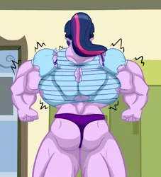 Size: 3000x3300 | Tagged: suggestive, artist:nokozeze, derpibooru import, sci-twi, twilight sparkle, equestria girls, equestria girls series, ass, butt, canterlot high, clothes, female, growth, lockers, muscle expansion, muscle growth, muscles, panties, ponytail, rear view, solo, solo female, torn clothes, twibutt, twilight muscle, underwear