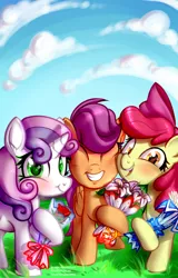 Size: 1600x2500 | Tagged: safe, artist:rrd-artist, derpibooru import, apple bloom, scootaloo, sweetie belle, pony, bouquet, cloud, cutie mark crusaders, eyes closed, flower, grass, smiling