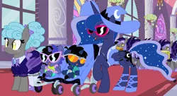 Size: 11000x6000 | Tagged: safe, artist:evilfrenzy, derpibooru import, princess luna, oc, oc:cruithne, oc:frenzy, bat pony, pony, absurd resolution, age regression, baby, baby pony, bat pony oc, bat wings, clothes, diaper, foal, offspring, parent:oc:frenzy, parent:princess luna, parents:canon x oc, royal guard, show accurate, stroller, sunglasses, swimsuit, wings