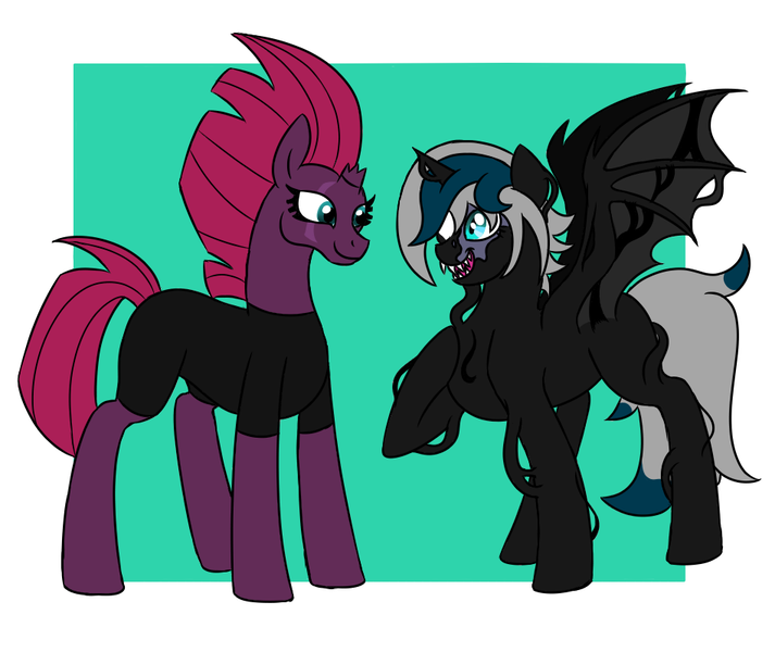 Size: 950x800 | Tagged: safe, artist:spyro-for-life, derpibooru import, fizzlepop berrytwist, tempest shadow, oc, oc:elizabat stormfeather, alicorn, bat pony, bat pony alicorn, goo, pony, my little pony: the movie, alicorn oc, bat pony oc, bat wings, broken horn, canon x oc, clothes, eye scar, fangs, female, horn, lesbian, mare, marvel, open mouth, raised hoof, scar, shipping, shirt, smiling, stormshadow, symbiote, teeth, venom, venom (2018), wings