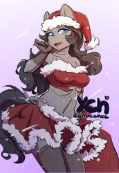 Size: 2684x3900 | Tagged: safe, artist:hakkids2, derpibooru import, oc, unofficial characters only, anthro, earth pony, advertisement, anthro oc, armpits, bandeau, beautiful, belly button, christmas, clothes, commission, costume, digital art, female, gloves, gradient background, hat, high res, holiday, looking at you, midriff, miniskirt, open mouth, santa costume, santa hat, skirt, socks, solo, stockings, thigh highs, wingding eyes, ych result, your character here