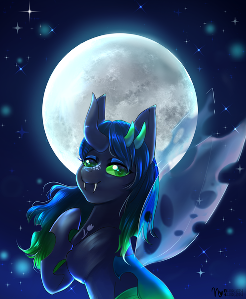 Size: 1563x1900 | Tagged: artist:kitsunehino, changeling, changeling oc, commission, derpibooru import, full moon, moon, oc, safe, solo, unofficial characters only, ych result