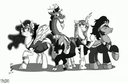 Size: 3398x2198 | Tagged: safe, artist:viejillox64art, derpibooru import, discord, king sombra, nightmare moon, queen chrysalis, pony, black and white, clothes, dress, grayscale, monochrome, tuxedo