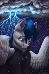 Size: 1440x2160 | Tagged: safe, artist:rrd-artist, derpibooru import, oc, unofficial characters only, pegasus, pony, blue mane, clothes, crying, green eyes, hoodie, lightning, looking down, male, rain, sad, stallion, storm, teary eyes