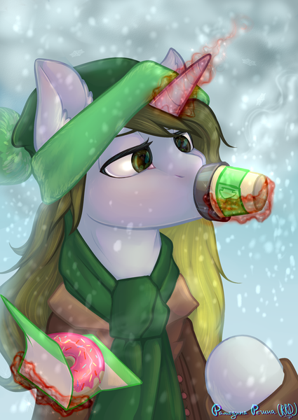 Size: 1888x2666 | Tagged: safe, artist:rrd-artist, derpibooru import, oc, unofficial characters only, pony, unicorn, clothes, coat, coffee, coffee cup, cold, commission, cup, donut, drinking, food, glowing horn, hat, horn, magic, scarf, snow, solo, telekinesis, winter, ych result