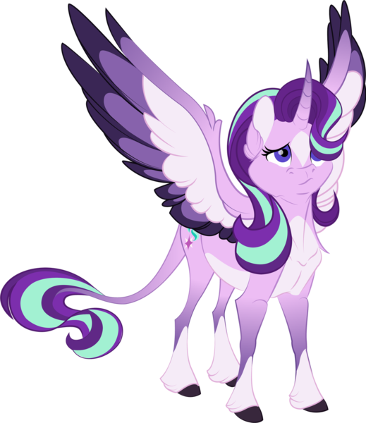 Size: 1024x1183 | Tagged: safe, artist:lisianthus, derpibooru import, starlight glimmer, alicorn, pony, unicorn, alicornified, cloven hooves, colored wings, curved horn, cutie mark, female, hair over one eye, horn, leonine tail, mare, multicolored wings, race swap, simple background, socks (coat marking), solo, spread wings, star (coat marking), starlicorn, transparent background, unshorn fetlocks, wings, xk-class end-of-the-world scenario