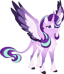 Size: 1024x1183 | Tagged: safe, artist:lisianthus, derpibooru import, starlight glimmer, alicorn, pony, unicorn, alicornified, cloven hooves, colored wings, curved horn, cutie mark, female, hair over one eye, horn, leonine tail, mare, multicolored wings, race swap, simple background, socks (coat marking), solo, spread wings, star (coat marking), starlicorn, transparent background, unshorn fetlocks, wings, xk-class end-of-the-world scenario