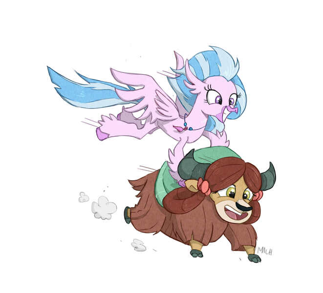 Size: 2304x2092 | Tagged: artist:ilacavgbmjc, bow, carrying, classical hippogriff, cloven hooves, cute, derpibooru import, diastreamies, duo, female, flying, hair bow, happy, hippogriff, monkey swings, quadrupedal, safe, signature, silverstream, simple background, smiling, white background, yak, yona, yonadorable