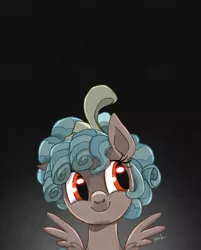 Size: 1528x1896 | Tagged: safe, artist:ilacavgbmjc, derpibooru import, cozy glow, pegasus, pony, adoracreepy, bust, cozybetes, creepy, cute, dark background, female, filly, freckles, portrait, pure concentrated unfiltered evil of the utmost potency, pure unfiltered evil, signature, smiling, solo