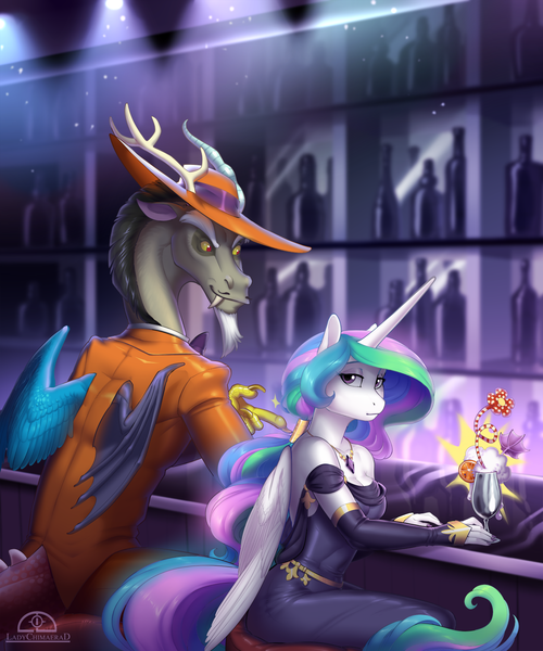 Size: 1250x1500 | Tagged: alicorn, anthro, artist:ladychimaera, bar, breasts, cleavage, clothes, derpibooru import, discord, draconequus, dress, drink, female, hat, looking at you, looking back, looking back at you, magic, male, mare, princess celestia, safe, smiling, straight, suit, unguligrade anthro, zoot suit