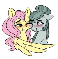Size: 448x456 | Tagged: safe, artist:saphi-boo, derpibooru import, fluttershy, marble pie, pony, alternate hairstyle, blushing, bust, eye contact, female, floppy ears, hair bun, lesbian, lip bite, looking at each other, marbleshy, one eye closed, shipping, simple background, smiling, white background
