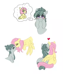 Size: 1112x1312 | Tagged: safe, artist:saphi-boo, derpibooru import, fluttershy, marble pie, earth pony, pegasus, pony, alternate hairstyle, blushing, cuddling, female, heart, hug, kissing, lesbian, marbleshy, mare, missing cutie mark, shipping, simple background, smiling, thought bubble, white background, winghug