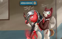 Size: 3900x2500 | Tagged: safe, artist:tonystorm12, derpibooru import, oc, oc:inky stylus, oc:makro dash, pegasus, pony, against wall, bipedal, clothes, costume, crossover, duo, gun, lens flare, mask, medic, medigun, sign, signature, spy, team fortress 2, ubersaw, weapon