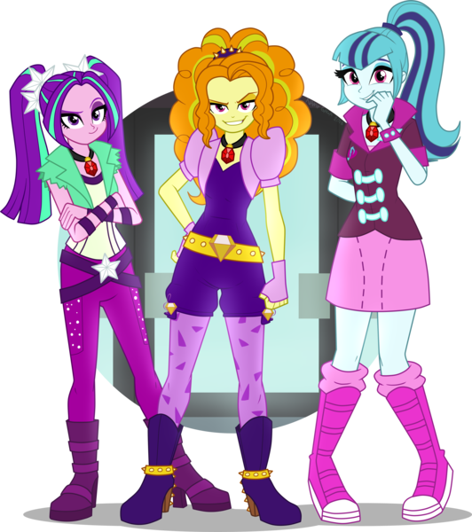 Size: 4376x4939 | Tagged: safe, artist:namygaga, derpibooru import, adagio dazzle, aria blaze, sonata dusk, equestria girls, rainbow rocks, absurd resolution, boots, clothes, gem, grin, high heel boots, jewelry, leggings, looking at you, miniskirt, necklace, pants, pigtails, ponytail, shoes, simple background, siren gem, skirt, smiling, the dazzlings, transparent background, twintails