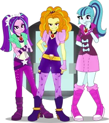 Size: 4376x4939 | Tagged: safe, artist:namygaga, derpibooru import, adagio dazzle, aria blaze, sonata dusk, equestria girls, rainbow rocks, absurd resolution, boots, clothes, gem, grin, high heel boots, jewelry, leggings, looking at you, miniskirt, necklace, pants, pigtails, ponytail, shoes, simple background, siren gem, skirt, smiling, the dazzlings, transparent background, twintails