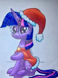 Size: 1536x2052 | Tagged: safe, artist:stewart501st, derpibooru import, twilight sparkle, pony, christmas, female, hat, holiday, mare, santa hat, smiling, solo, traditional art