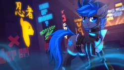 Size: 1919x1079 | Tagged: safe, artist:redchetgreen, derpibooru import, oc, oc:starfall spark, oc:vibrant star, earth pony, pony, art trade, clothes, coat, cyberpunk, facial hair, goatee, looking at you, male, neon, neon sign, sign, smiling, socks, solo