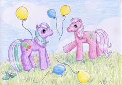 Size: 1024x721 | Tagged: safe, artist:normaleeinsane, derpibooru import, pinkie pie, sweetberry, pony, balloon, duo, flower, g3, grass, traditional art