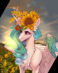 Size: 1024x1280 | Tagged: safe, artist:rossignolet, derpibooru import, princess celestia, alicorn, pony, chest fluff, female, floral head wreath, flower, flower in hair, mare, solo, sunflower