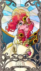 Size: 822x1425 | Tagged: safe, artist:sourcherry, derpibooru import, pinkie pie, pony, accessory, clothes, curly hair, dress, flower, flower in hair, major arcana, modern art, nouveau, solo, sun, sunflower, tarot, tarot card