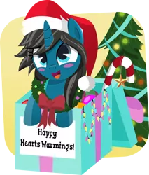 Size: 600x705 | Tagged: safe, artist:jhayarr23, derpibooru import, oc, oc:blue moon, unofficial characters only, pony, unicorn, blushing, box, candy, candy cane, christmas, christmas lights, christmas tree, christmas wreath, cute, female, filly, food, happy, hat, hearth's warming eve, holiday, pony in a box, present, santa hat, smiling, solo, text, tree, vector, wreath