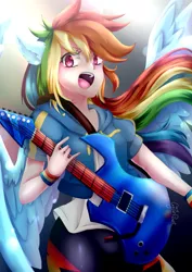 Size: 1240x1753 | Tagged: safe, artist:wolfchen999, derpibooru import, rainbow dash, human, equestria girls, equestria girls series, clothes, eared humanization, female, guitar, humanized, looking at you, mare, musical instrument, open mouth, ponied up, solo, winged humanization, wings
