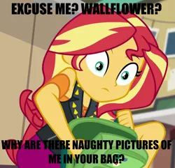 Size: 985x951 | Tagged: suggestive, derpibooru import, sunset shimmer, equestria girls, equestria girls series, forgotten friendship, backpack, caption, clothes, image macro, impact font, implied wallflower blush, implied wallset, meme, text