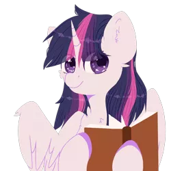 Size: 2000x2000 | Tagged: safe, artist:etoz, derpibooru import, twilight sparkle, twilight sparkle (alicorn), alicorn, pony, book, cute, female, horn, looking at you, mare, simple background, smiling, solo, transparent background, wings