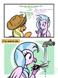 Size: 4000x5401 | Tagged: safe, artist:poecillia-gracilis19, derpibooru import, applejack, silverstream, classical hippogriff, earth pony, hippogriff, pony, comic, confused, cute, dialogue, diastreamies, duo, female, frown, hat, literal, literal minded, mare, meme, open mouth, plumbing, ponified meme, raised hoof, scissors, simple background, smiling, tap, text, water