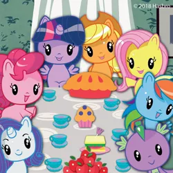 Size: 1080x1080 | Tagged: alicorn, apple, applejack, chibi, cup, cute, cutie mark crew, derpibooru import, fine art parody, fluttershy, food, freedom from want, mane seven, mane six, muffin, official, parody, pie, pinkie pie, rainbow dash, rarity, safe, sandwich, spike, toy, twilight sparkle, twilight sparkle (alicorn)