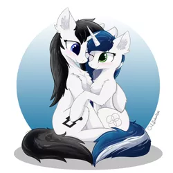 Size: 1280x1280 | Tagged: safe, artist:muffinkarton, derpibooru import, oc, oc:muffinkarton, oc:white noise, unofficial characters only, pony, unicorn, blushing, chest fluff, eye contact, female, hug, looking at each other, mare, one eye closed, sitting, smiling