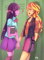 Size: 1128x1522 | Tagged: safe, artist:idolize_341, derpibooru import, sunset shimmer, twilight sparkle, equestria girls, blushing, book, clothes, female, heart, holding hands, lesbian, lockers, looking at each other, open mouth, shipping, shirt, signature, skirt, smiling, sunsetsparkle