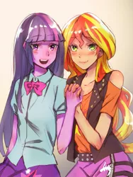Size: 1153x1534 | Tagged: safe, artist:idolize_341, derpibooru import, sunset shimmer, twilight sparkle, equestria girls, blushing, bow, bowtie, clothes, female, gradient background, holding hands, lesbian, looking at you, open mouth, shipping, signature, skirt, smiling, sunsetsparkle