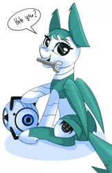 Size: 1255x1920 | Tagged: safe, artist:shadowreindeer, derpibooru import, ponified, pony, robot, robot pony, crossover, female, jenny wakeman, looking at you, mare, mouth hold, my life as a teenage robot, personality core, portal (valve), solo, wheatley