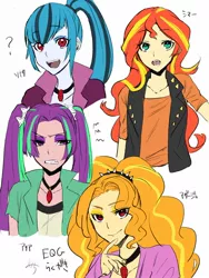 Size: 1200x1600 | Tagged: safe, artist:idolize_341, derpibooru import, adagio dazzle, aria blaze, sonata dusk, sunset shimmer, equestria girls, rainbow rocks, clothes, fangs, hairband, japanese, jewelry, looking at you, necklace, open mouth, question mark, shirt, simple background, smiling, the dazzlings, white background