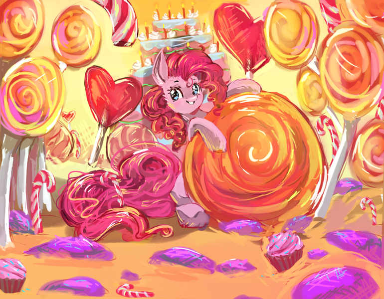 Size: 1000x779 | Tagged: safe, artist:mequiloano, derpibooru import, pinkie pie, earth pony, pony, cake, candy, candy cane, cupcake, food, grin, lollipop, looking at you, slime, smiling