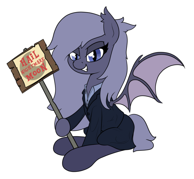 Size: 1993x1837 | Tagged: safe, artist:moonatik, derpibooru import, oc, oc:selenite, unofficial characters only, bat pony, pony, 2019 community collab, derpibooru community collaboration, bat pony oc, bat wings, clothes, grin, holding, implied nightmare moon, looking at you, shirt, sign, simple background, sitting, skirt, smiling, solo, spread wings, suit, the conscientious objector, tights, transparent background, wings