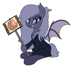 Size: 1993x1837 | Tagged: safe, artist:moonatik, derpibooru import, oc, oc:selenite, unofficial characters only, bat pony, pony, 2019 community collab, derpibooru community collaboration, bat pony oc, bat wings, clothes, grin, holding, implied nightmare moon, looking at you, shirt, sign, simple background, sitting, skirt, smiling, solo, spread wings, suit, the conscientious objector, tights, transparent background, wings