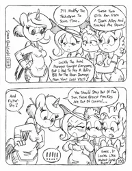 Size: 849x1100 | Tagged: anthro, artist:circe, black and white, breasts, clothes, comic, comic:soreloser, derpibooru import, dress, fluttershy, grayscale, harpo marx, hat, marx brothers, monochrome, oc, oc:eaststern, pinkie pie, safe, sundress, sun hat, traditional art, unguligrade anthro