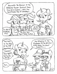 Size: 849x1100 | Tagged: anthro, applejack, artist:circe, black and white, blushing, chico marx, comic:soreloser, derpibooru import, grayscale, groucho marx, inspector jacques clouseau, marx brothers, monochrome, oc, oc:eaststern, rainbow dash, safe, traditional art, unguligrade anthro